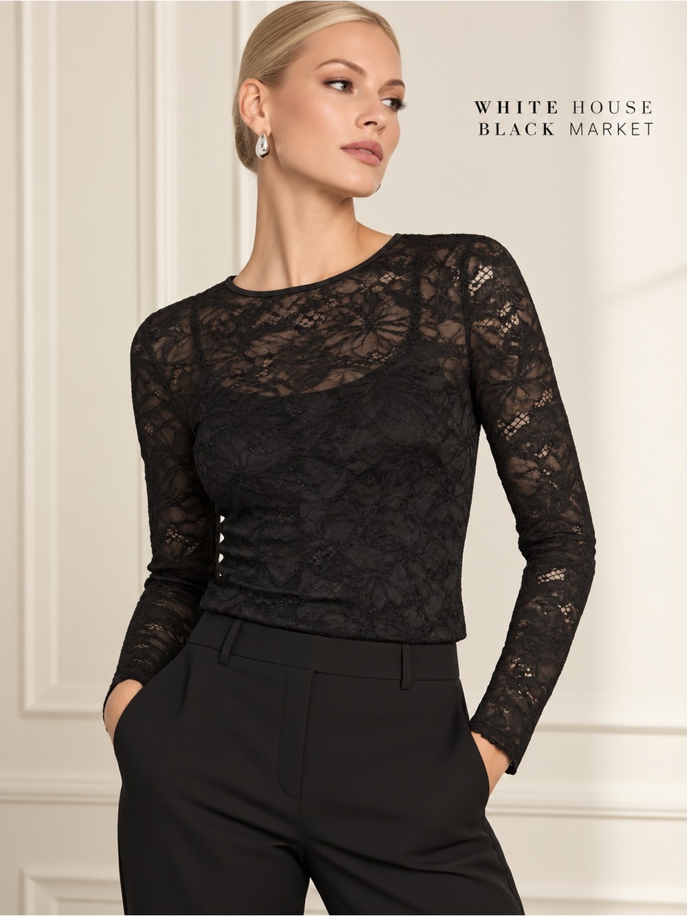White House Black Market Black Lace Long-Sleeve Top ✨
